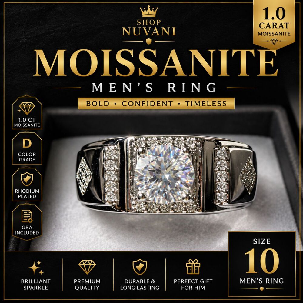 Men’s 1 CT D Color Moissanite Ring Size 10 Rhodium Plated w/ GRA